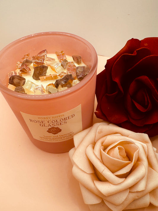 Rose colored glasses candle with gems